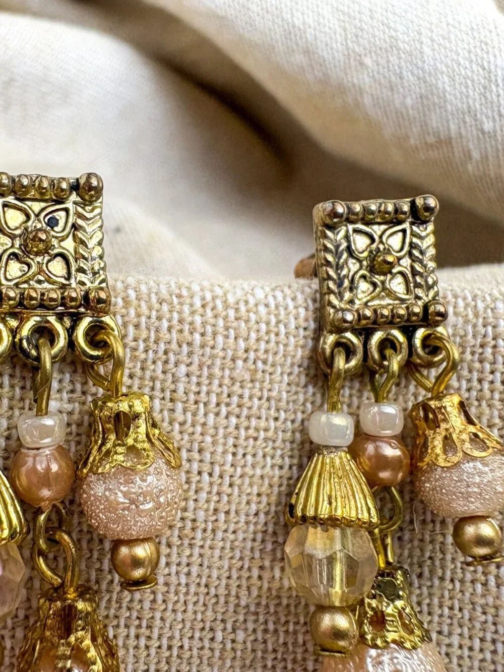Boho Goldtone Cluster Chandelier Earrings – Blush and Champagne